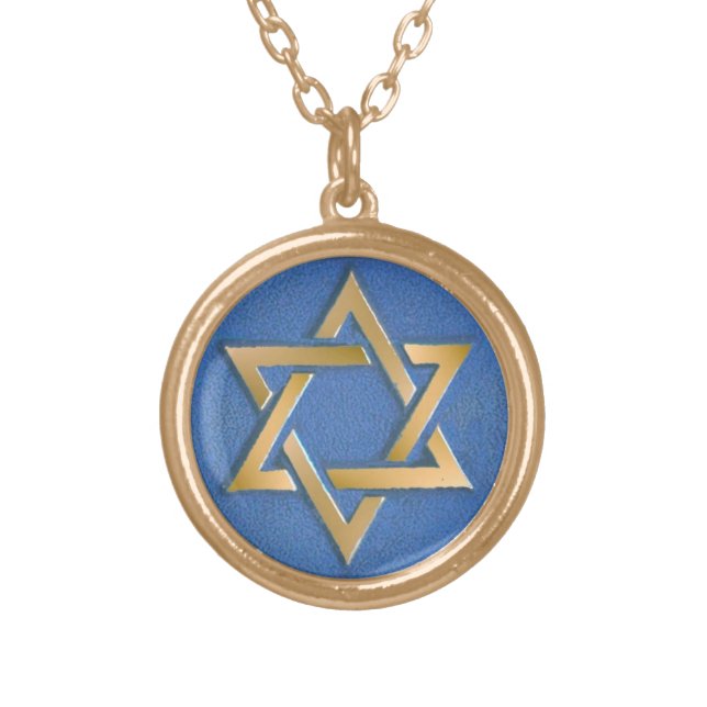 Gold Blue Star of David Art Panel   Gold Plated Necklace (Front)