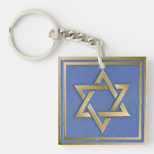 Gold Blue Star of David Art Panel Keychain