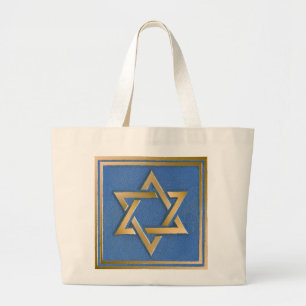 Gold Blue Star of David Art Panel Large Tote Bag