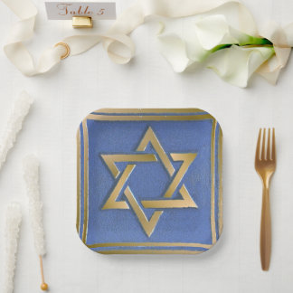 Gold Blue Star of David Art Panel Paper Plates