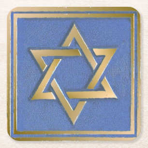Gold Blue Star of David Art Panel Square Paper Coaster