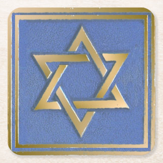 Gold Blue Star of David Art Panel Square Paper Coaster