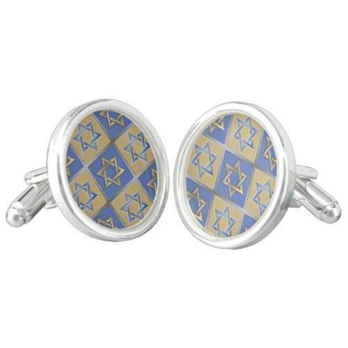 Gold Blue Star of David Art Panels Cufflinks