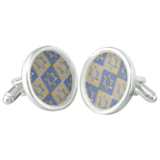 Gold Blue Star of David Art Panels Cufflinks (Angled)