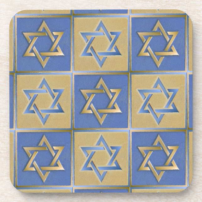 Gold Blue Star of David Art Panels Drink Coaster (Front)