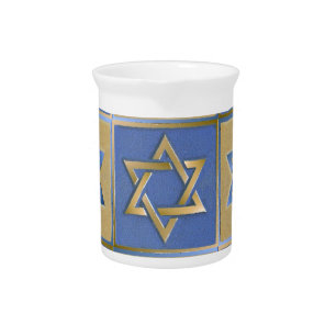 Gold Blue Star of David Art Panels Drink Pitcher