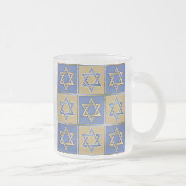 Gold Blue Star of David Art Panels Frosted Glass Coffee Mug (Right)