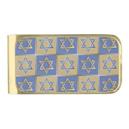 Gold Blue Star of David Art Panels Gold Finish Money Clip