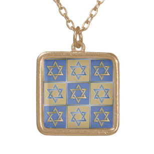 Gold Blue Star of David Art Panels Gold Plated Necklace