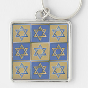 Gold Blue Star of David Art Panels Keychain