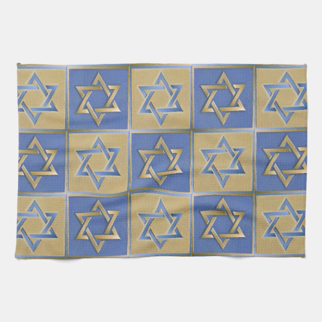 Gold Blue Star of David Art Panels Kitchen Towel (Horizontal)