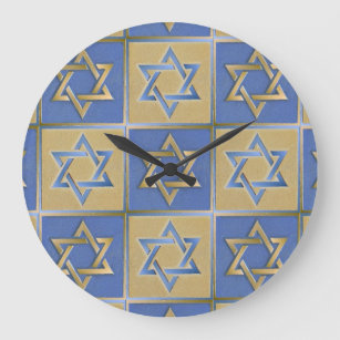 Gold Blue Star of David Art Panels Large Clock