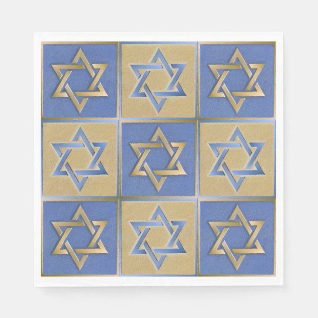 Gold Blue Star of David Art Panels Paper Napkins (Front)