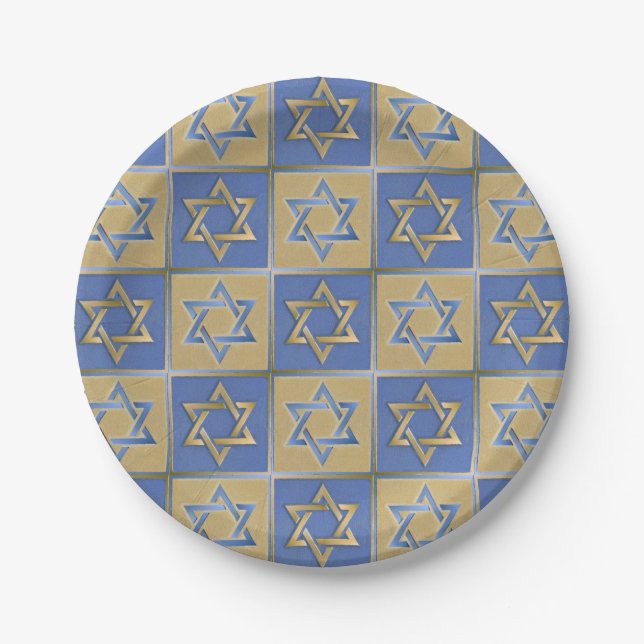 Gold Blue Star of David Art Panels Paper Plates (Front)