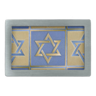 Gold Blue Star of David Art Panels Rectangular Belt Buckle