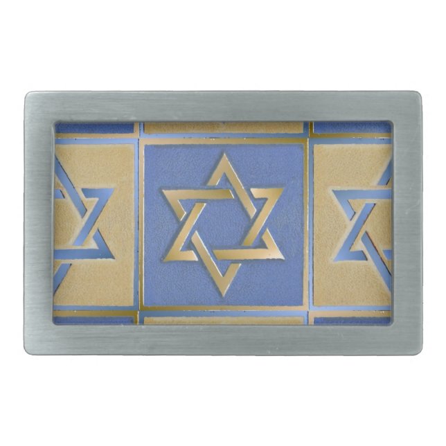 Gold Blue Star of David Art Panels Rectangular Belt Buckle (Front)