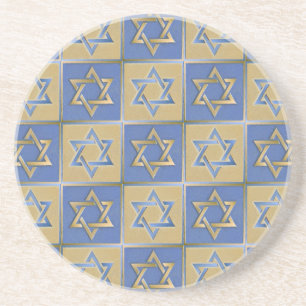 Gold Blue Star of David Art Panels Sandstone Coaster