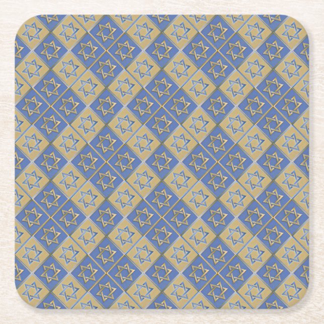 Gold Blue Star of David Art Panels Square Paper Coaster (Front)
