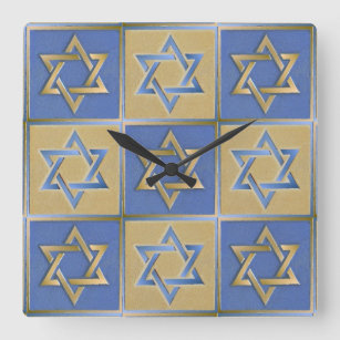 Gold Blue Star of David Art Panels Square Wall Clock