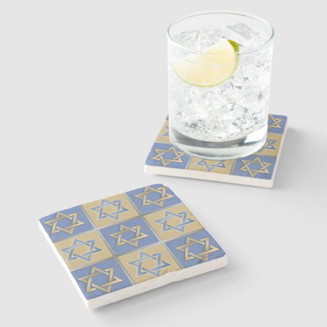 Gold Blue Star of David Art Panels Stone Coaster (Side)
