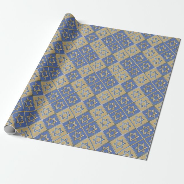 Gold Blue Star of David Art Panels Wrapping Paper (Unrolled)