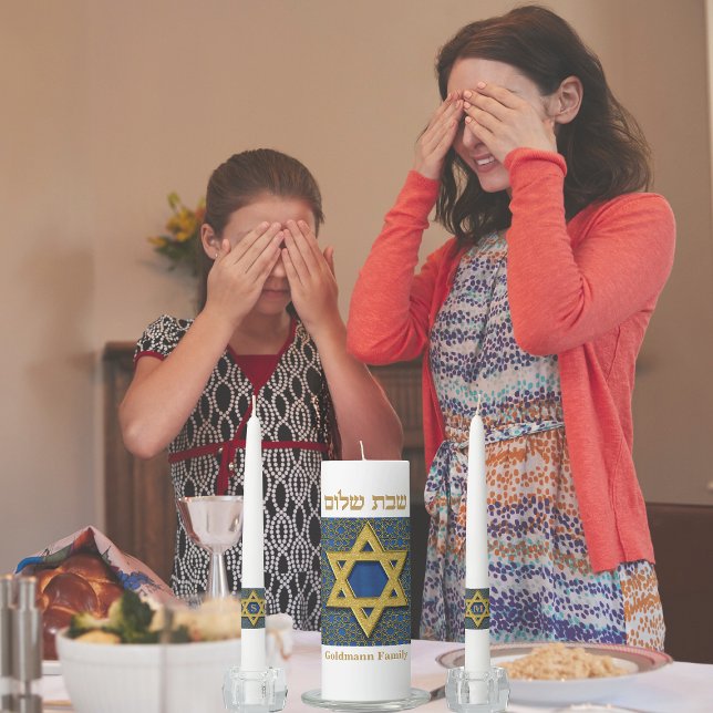 Gold Blue Star of David Hebrew Shabbat Shalom  Unity Candle Set (Creator Uploaded)