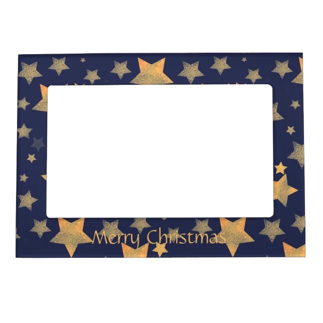 Gold Blue Star Pattern Modern Elegant Christmas Magnetic Frame (Front)