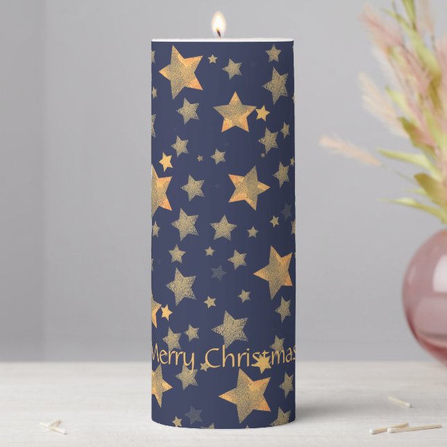 Gold Blue Star Pattern Nordic Modern Christmas Pillar Candle (In Situ)