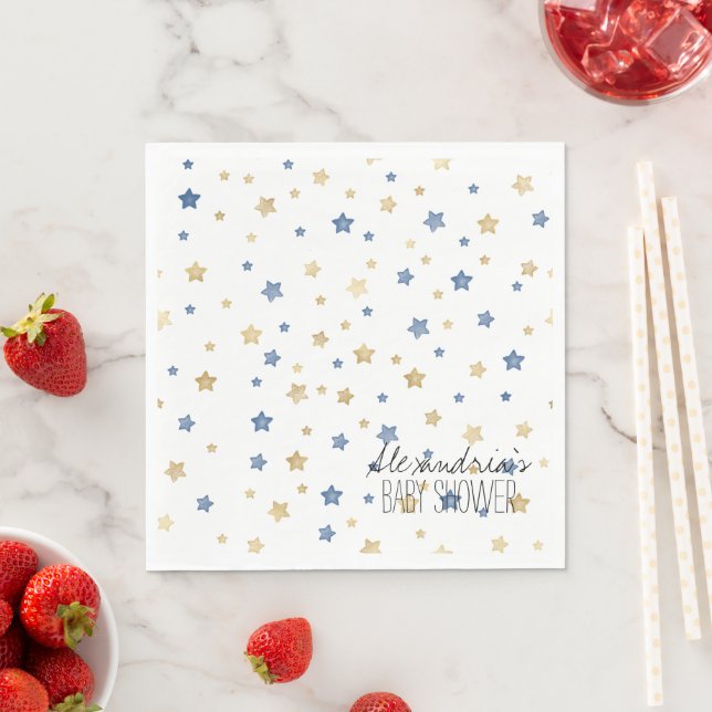 Gold Blue Starlight Stars Personalized Baby Shower Napkins (Insitu)