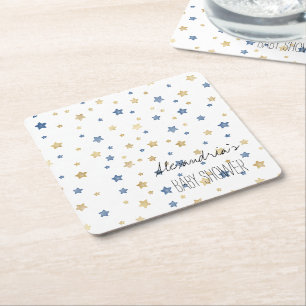 Gold Blue Starlight Stars Personalized Baby Shower Square Paper Coaster