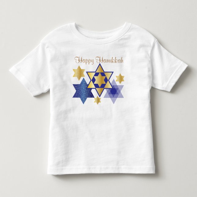 Gold & Blue Stars of David Happy Hanukkah Toddler T-shirt (Front)