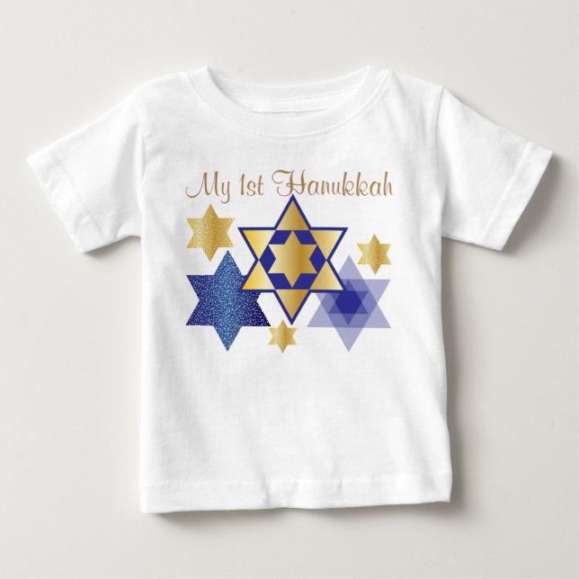 Gold & Blue Stars of David My 1st Hanukkah Baby T-Shirt (Front)