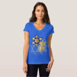 Gold & Blue Stars of David T-Shirt<br><div class="desc">Dress for Hanukkah in Style with our Beautiful Royal Blue Jersey Cotton V-Neck T-Shirt Featuring Gold & Blue Stars of David Design</div>