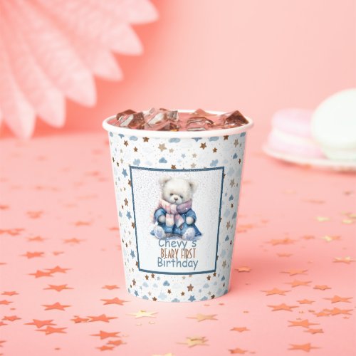 Gold Blue Stars Teddy Bear  Beary First Birthday Paper Cups