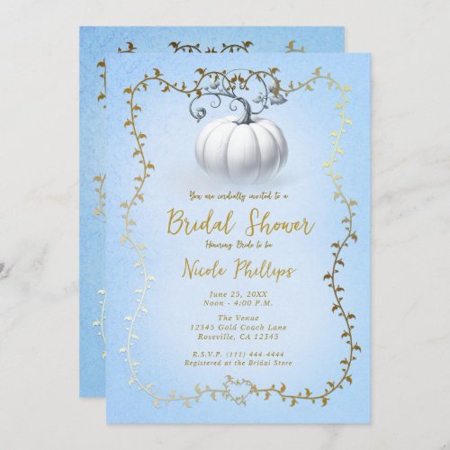 Gold Blue Storybook White Pumpkin Bridal Shower Invitation