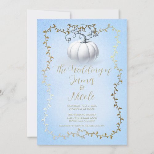 Gold Blue Storybook White Pumpkin Wedding Invitation