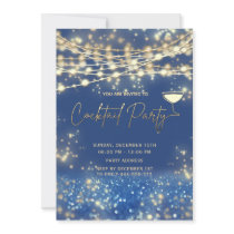 Gold blue string lights corporate Cocktail party Invitation