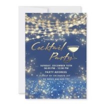 Gold blue string lights corporate Cocktail party Invitation