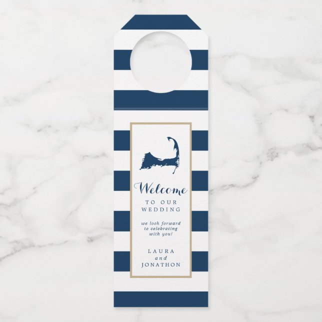 Gold Blue Stripes Cape Cod Wedding Favor Hanger (Front)