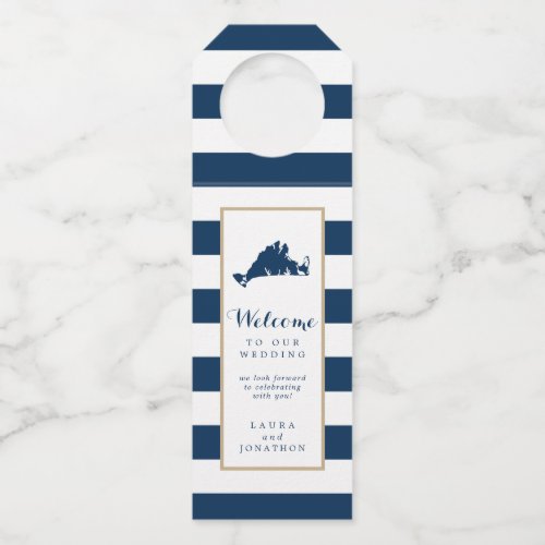 Gold Blue Stripes Marthas Vineyard Wedding Favor Bottle Hanger Tag