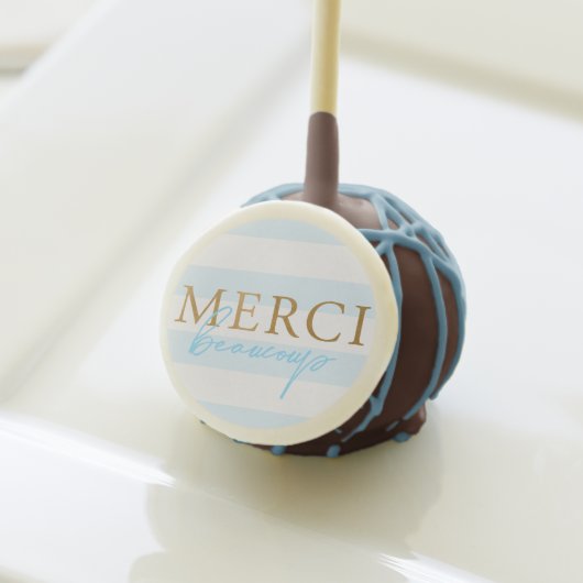 Gold Blue Stripes Merci Beaucoup  Cake Pop Favors (Front Insitu)