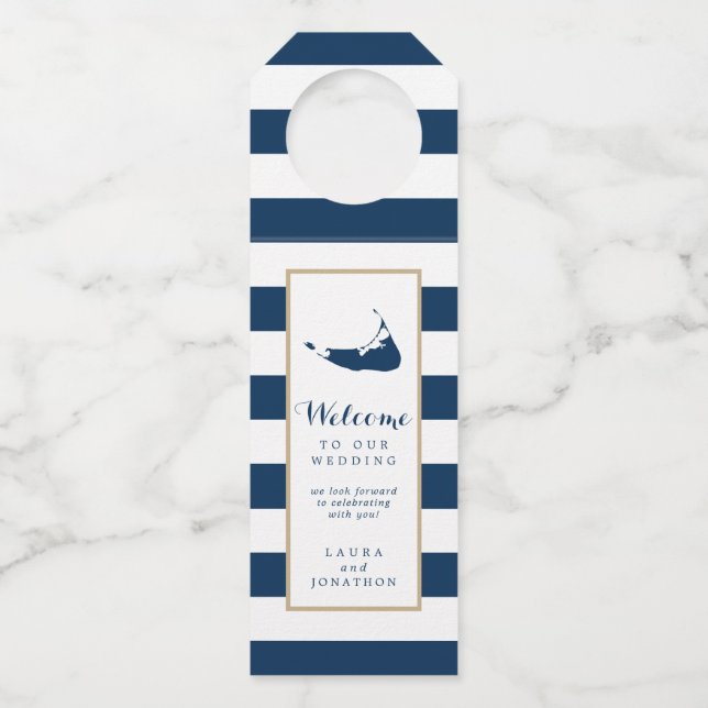 Gold Blue Stripes Nantucket Wedding Favor Hanger (Front)