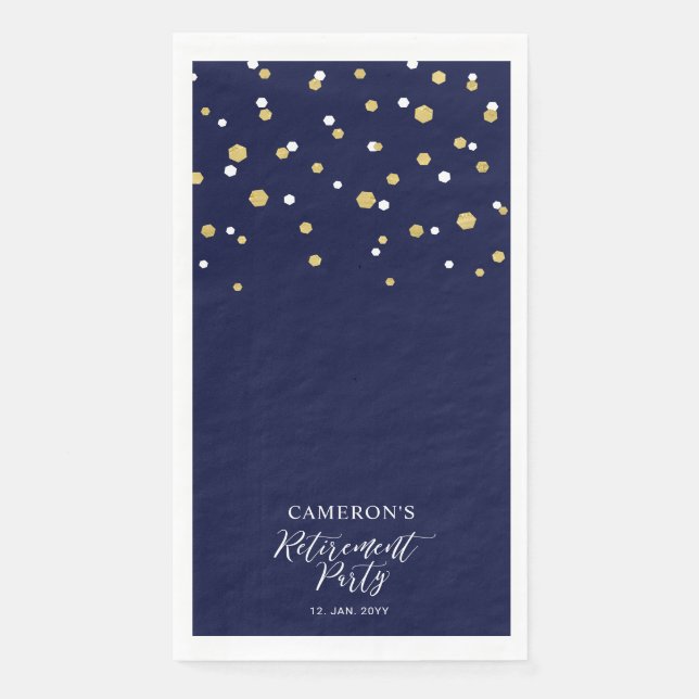 Gold & Blue Stylish Confetti Retirement Party Paper Guest Towels (Front)