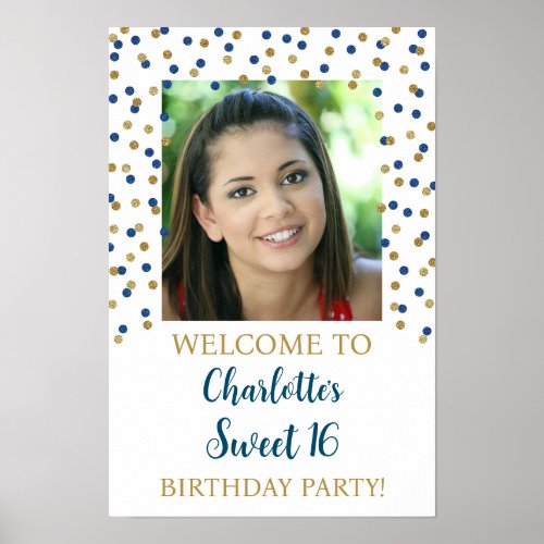 Gold Blue Sweet 16 Birthday Custom 12x18 Photo Poster
