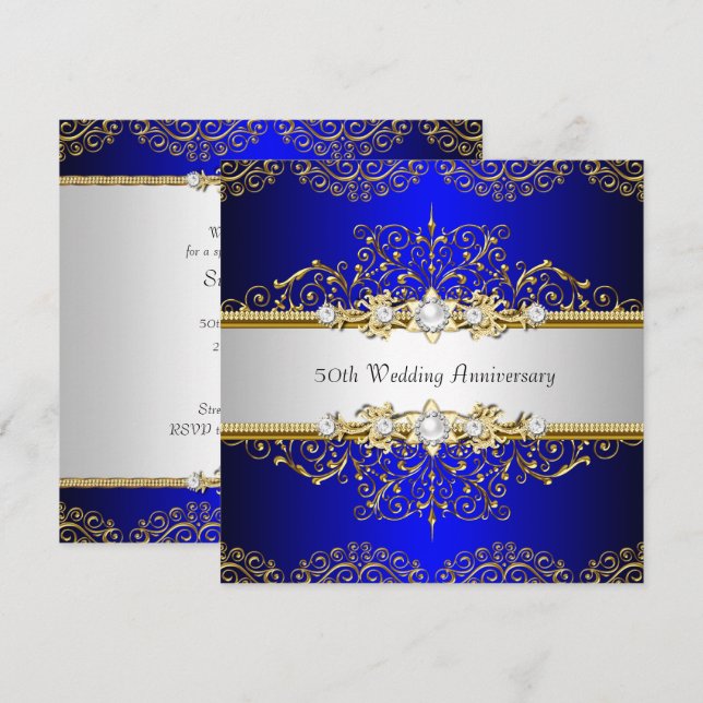 Gold Blue Swirl 50th Wedding Anniversary Invite (Front/Back)