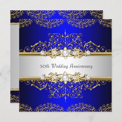 Gold Blue Swirl 50th Wedding Anniversary Invite