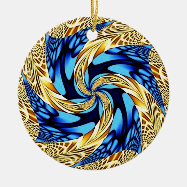 Gold Blue Swirl Christmas Ornament (Front)