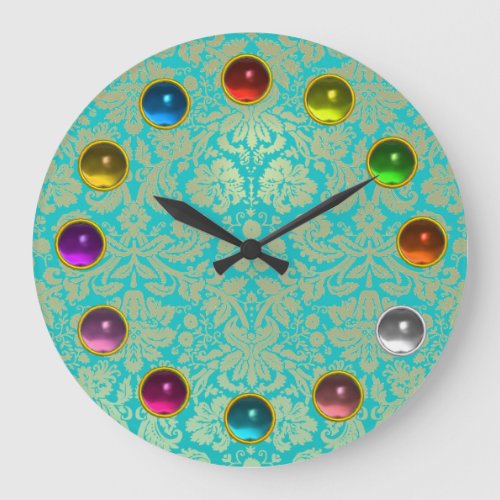 GOLD BLUE TEAL DAMASK AND COLORFUL 3D GEM STONES LARGE CLOCK