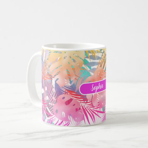 Gold Blue Teal  Pink Tropical Leaves White Name Coffee Mug