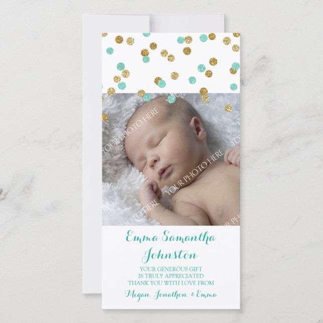 Gold Blue Thank You Baby Shower Photo Cards (Front)